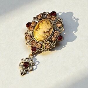 Cameo Brooch with Red & Champagne Crystals Vintage Inspired